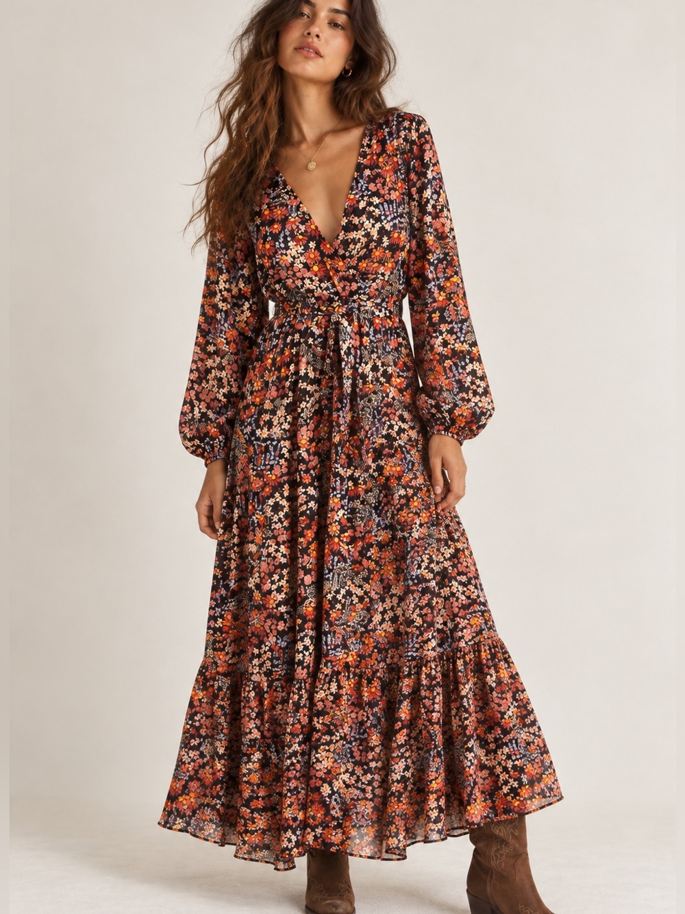 H&M Floral Wrap Maxi Dress XS Boho Romantic Long Sleeve